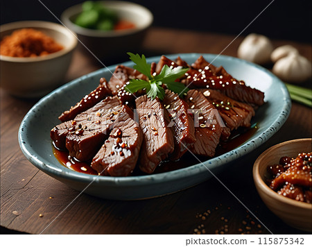 Bulgogi is a fermented meat that is usually beef. Bulgogi is a fermented meat that is usually beef. 115875342