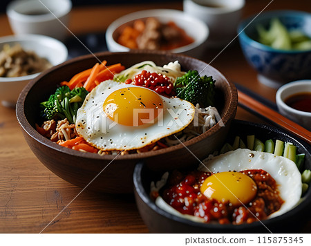 Bibimbap Rice mixed with vegetables and meat 115875345