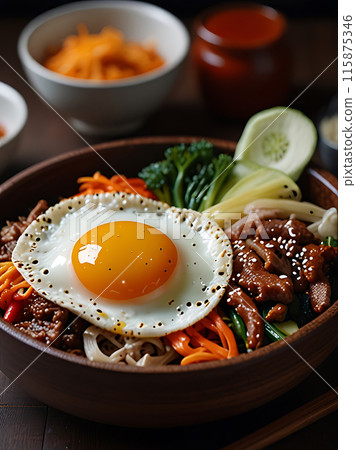 Bibimbap Rice mixed with vegetables and meat 115875346