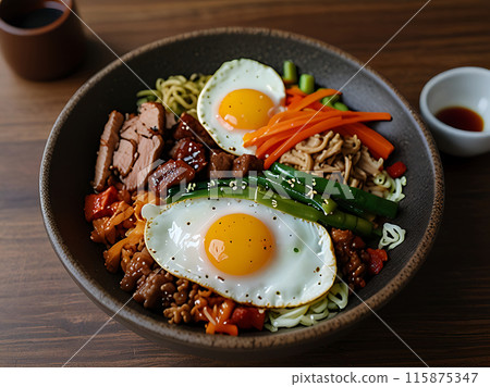 Bibimbap Rice mixed with vegetables and meat 115875347