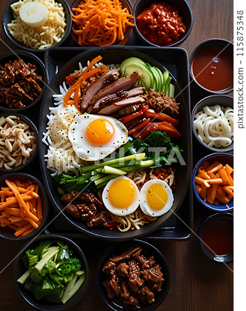 Bibimbap Rice mixed with vegetables and meat Bibimbap Rice mixed with vegetables and meat 115875348
