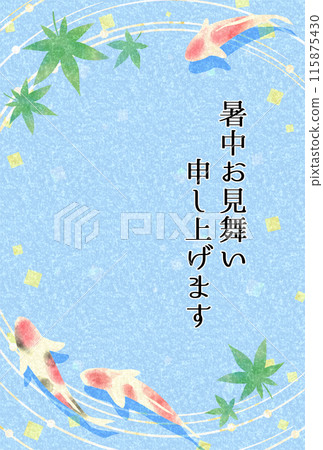 Summer greetings postcard template 1 with Nishikigoi and fresh green maple leaves - no greeting text 115875430