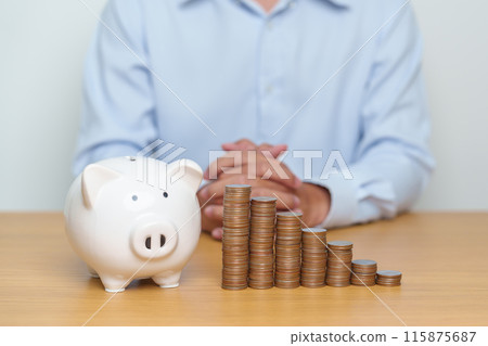 Money Saving for Future Plan, Retirement fund, Pension, Investment, Wealth Business and Financial concepts. coin stack with piggy bank on table, Money Counting and stack arrangement for deposit 115875687