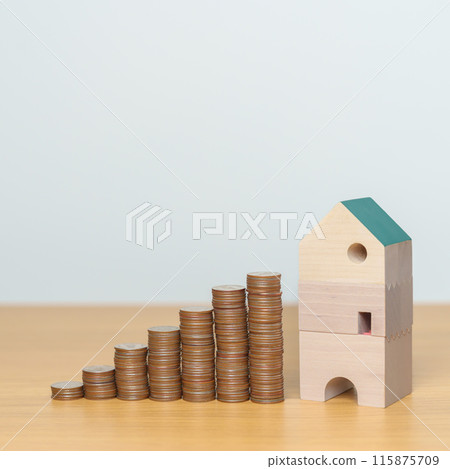 Money Saving, Property investment, House Mortgage and Real Estate Financial concepts. coins stack with Home model, Money stack Counting arrangement for deposit and Tax 115875709