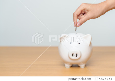 Money Saving for Future Plan, Retirement fund, Pension, Investment, Wealth Business and Financial concepts. hand putting coin into piggy bank on table, Money Counting for World Savings day and Donate Money Saving for Future Plan, Retirement fund, Pension, Investment, Wealth Business and Financial concepts. hand putting coin into piggy bank on table, Money Counting for World Savings day and Donate 115875734