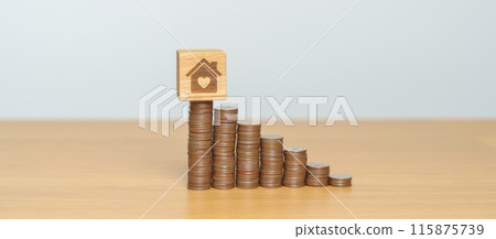 Money Saving, Property investment, House Mortgage and Real Estate Financial concepts. coins stack with Home block, Money stack Counting arrangement for deposit and Tax 115875739