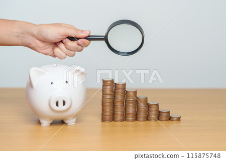 Money saving, Inflation, tax, cash flow, Job search, hiring and research development concepts. coins money stack growing with magnifier glass and piggy bank on table 115875748