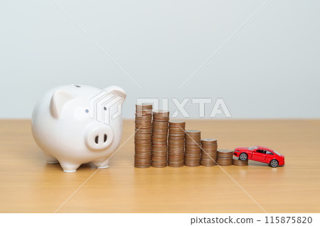 Money Saving, Car Insurance, Financial, vehicle Repair and Maintenance concepts. coins stack and piggy bank with Auto model, Money stack Counting arrangement for deposit and Automobile Tax Money Saving, Car Insurance, Financial, vehicle Repair and Maintenance concepts. coins stack and piggy bank with Auto model, Money stack Counting arrangement for deposit and Automobile Tax 115875820