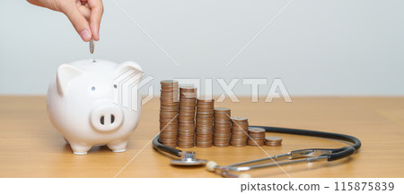 Money Saving, Health Insurance, Medical, Donation and Financial concepts. coins stack and piggy bank and stethoscope, Money stack Counting arrangement for deposit and Healthcare cost 115875839