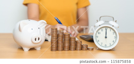 Money Saving for Future Plan, Retirement fund, Pension, Investment, Wealth Business and Financial concepts. woman with coins stack, piggy bank and clock for money Counting and deposit 115875858