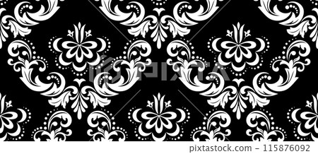 Wallpaper in the style of Baroque. Seamless vector background. White and black floral ornament. Graphic pattern for fabric, wallpaper, packaging. Ornate Damask flower ornament. 115876092