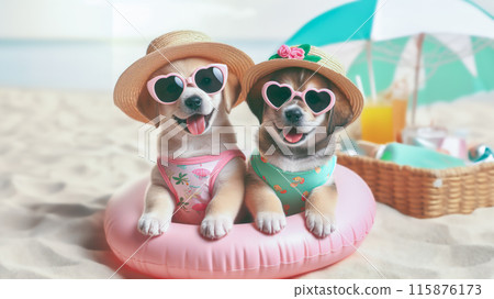 Funny dog wearing summer fashion with rubber ring on the beach. Summer Vacation Concept. Funny dog wearing summer fashion with rubber ring on the beach. Summer Vacation Concept. 115876173