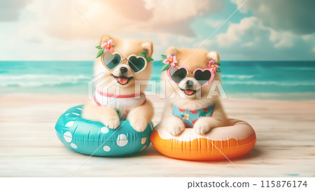 Funny dog wearing summer fashion with rubber ring on the beach. Summer Vacation Concept. 115876174