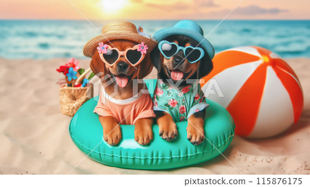 Funny dog wearing summer fashion with rubber ring on the beach. Summer Vacation Concept. 115876175