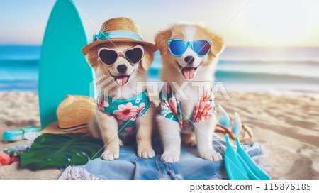 Funny dog wearing summer fashion with rubber ring on the beach. Summer Vacation Concept. Funny dog wearing summer fashion with rubber ring on the beach. Summer Vacation Concept. 115876185