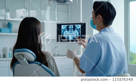 A realistic scene of a male dentist taking a dental X-ray on a patient. <AI generated material> 115876349