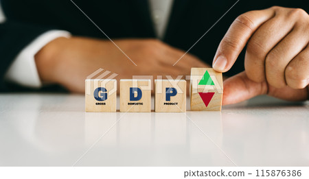 GDP, gross domestic product symbol. Businessman flip cube with up and down arrow. Business financial management concept 115876386