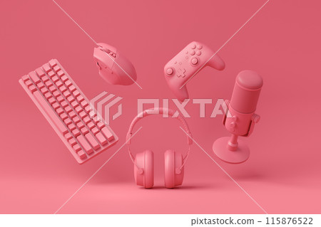 Flying gamer gears like mouse, keyboard, joystick, headset, VR, microphone 115876522