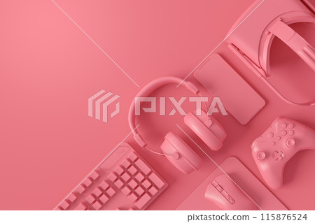 Modern home office setup featuring keyboard, VR glasses and headphones Modern home office setup featuring keyboard, VR glasses and headphones 115876524