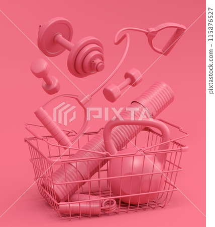 Sport equipment for fitness, gym in shopping basket on monochrome 115876527