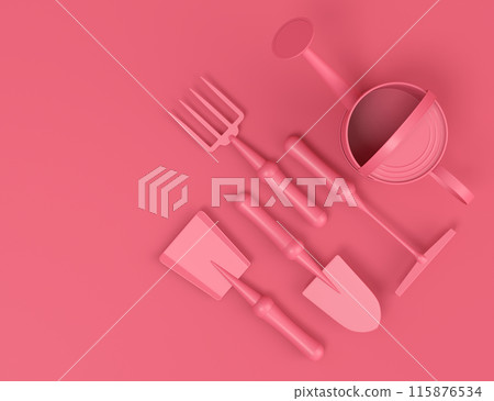 Watering can with garden tools like shovel, rake and fork on monochrome Watering can with garden tools like shovel, rake and fork on monochrome 115876534