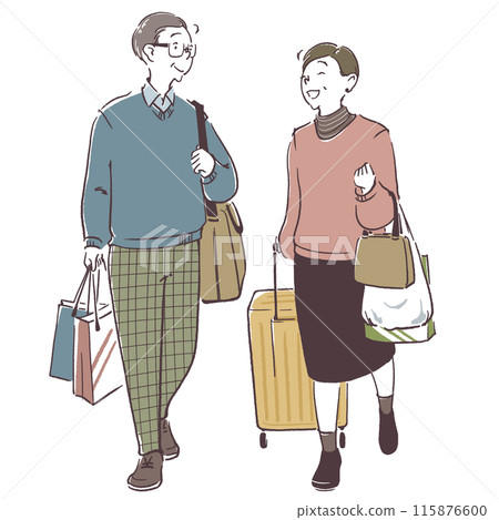 A simple hand-drawn illustration of a couple returning from a trip with lots of souvenirs 115876600