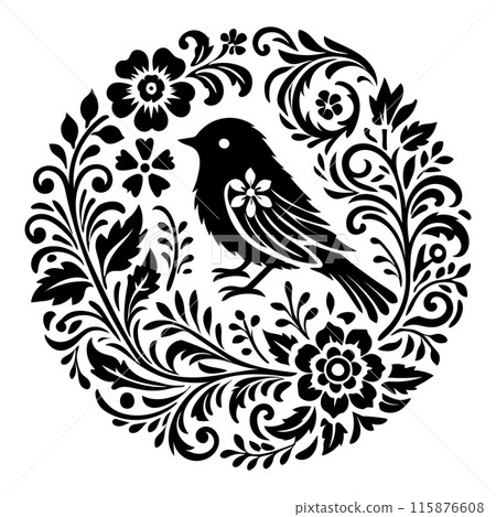 Elegant Summer Floral Bird Silhouette Illustration Clipart. Silhouette Black Motif Design with Summer Garden Forest theme for nature Crafts. Elegant Summer Floral Bird Silhouette Illustration Clipart. Silhouette Black Motif Design with Summer Garden Forest theme for nature Crafts. 115876608