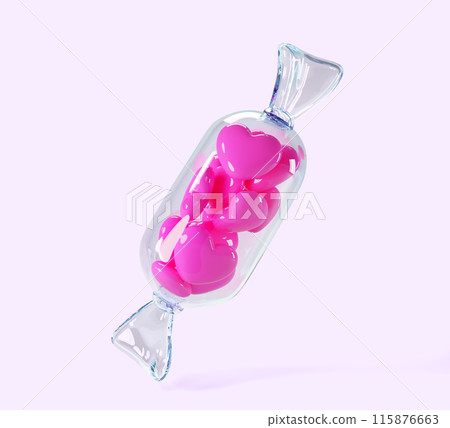 3d candy with small pink hearts inside render icon. Love shape lollipops in transparent plastic pack for Valentine or Mother day. Wrapped sweet in clear package isolated on background. 3D illustration 3d candy with small pink hearts inside render icon. Love shape lollipops in transparent plastic pack for Valentine or Mother day. Wrapped sweet in clear package isolated on background. 3D illustration 115876663