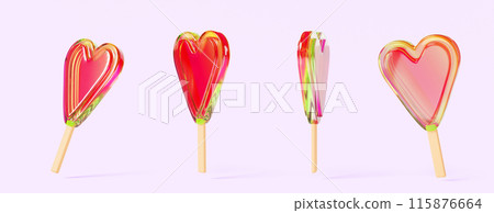 3d set of candy hearts, Valentines day sweets in shape of love symbol isolated render icons. Lollipop with color red green gradient texture on wooden stick, cute romantic present. 3D illustration 3d set of candy hearts, Valentines day sweets in shape of love symbol isolated render icons. Lollipop with color red green gradient texture on wooden stick, cute romantic present. 3D illustration 115876664