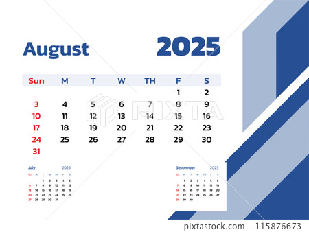 August 2025 Calendar. Week start on Sunday. Desk calendar 2025 design, simple and clean design, Wall calendar for print, digital calendar, Corporate design planner template vector. August 2025 Calendar. Week start on Sunday. Desk calendar 2025 design, simple and clean design, Wall calendar for print, digital calendar, Corporate design planner template vector. 115876673