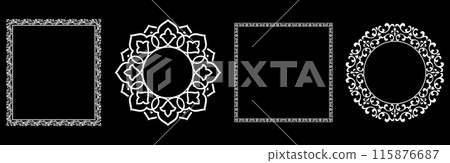 Set of decorative frames Elegant vector element for design in Eastern style, place for text. Floral black and white borders. Lace illustration for invitations and greeting cards. Set of decorative frames Elegant vector element for design in Eastern style, place for text. Floral black and white borders. Lace illustration for invitations and greeting cards. 115876687