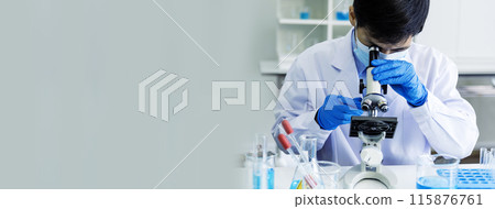 Banner Scientist man look Microscope research in science laboratory. Banner Asian scientist use microbiology microscope in laboratory equipment chemistry lab. Biochemistry experiment with copy space Banner Scientist man look Microscope research in science laboratory. Banner Asian scientist use microbiology microscope in laboratory equipment chemistry lab. Biochemistry experiment with copy space 115876761
