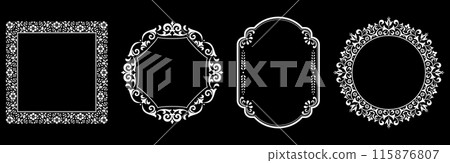 Set of decorative frames Elegant vector element for design in Eastern style, place for text. Floral black and white borders. Lace illustration for invitations and greeting cards. 115876807