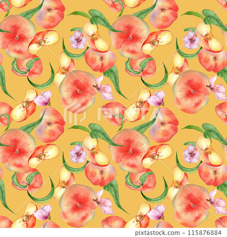 Watercolor flat peaches with leaves and flowers seamless pattern isolated on orange. Fruits and flowers pattern painted. Chines Fig peaches hand drawn. Design element for package, skin care cosmetic 115876884