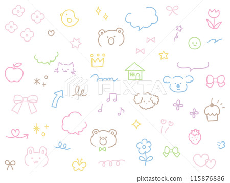 Vector illustration set of hand-drawn cute decorative illustrations: speech bubbles, hearts, animals, stars, flowers, arrows, ribbons 115876886