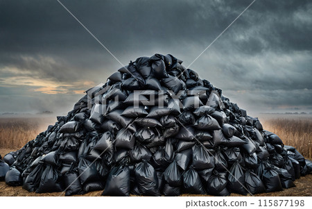 black bags of garbage in a landfill in a field, environmental pollution black bags of garbage in a landfill in a field, environmental pollution 115877198