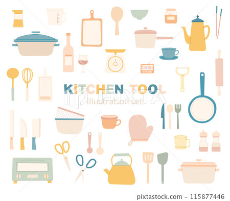 Kitchen tools, cooking utensils, kitchen, illustration, doodle style, set, cute, no lines, flat, simple 115877446