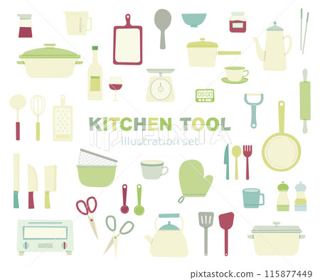 廚房工具炊具廚房插畫塗鴉風格套裝可愛無線條扁平簡單 115877449