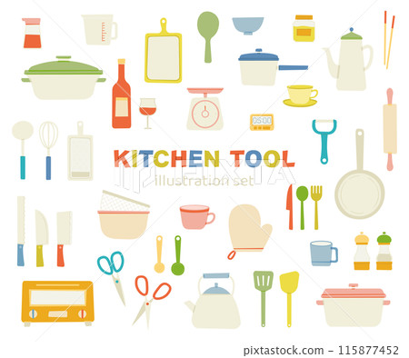 Kitchen tools, cooking utensils, kitchen, illustration, doodle style, set, cute, no lines, flat, simple 115877452