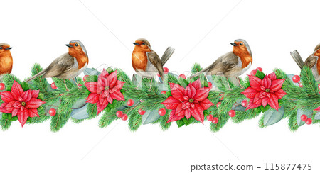Winter season seamless border with birds. Watercolor vintage style illustration. Christmas time decor seamless border with robin birds, poinsettia flower, pine, eucalyptus, berries. White background Winter season seamless border with birds. Watercolor vintage style illustration. Christmas time decor seamless border with robin birds, poinsettia flower, pine, eucalyptus, berries. White background 115877475
