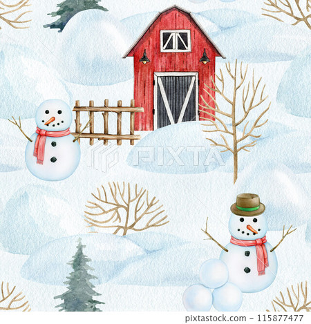 Christmas season snowman seamless pattern. Christmas tree, snowman, snow, rad barn, winter landscape on blue background. Traditional vintage style gift wrap design. Painted watercolor digital paper 115877477