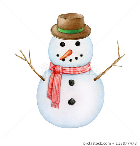 Funny snowman in red scarf and hat. Painted vintage style illustration. Hand drawn smiling snowman traditional winter season snow decoration. Isolated on white background 115877478