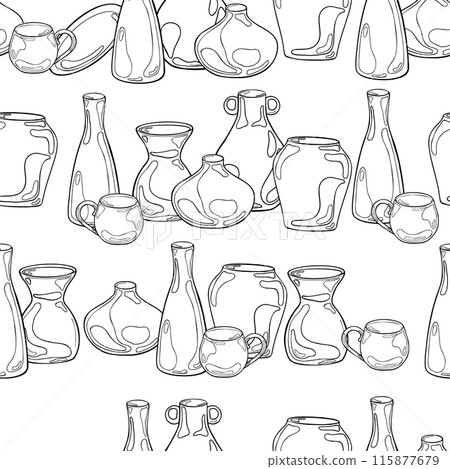 Pottery various shape and size stand in a row painted black white line. Kitchen crockery hand drawn by contour vector seamless pattern isolated. Pattern with jug and pot for design textile, paper Pottery various shape and size stand in a row painted black white line. Kitchen crockery hand drawn by contour vector seamless pattern isolated. Pattern with jug and pot for design textile, paper 115877679