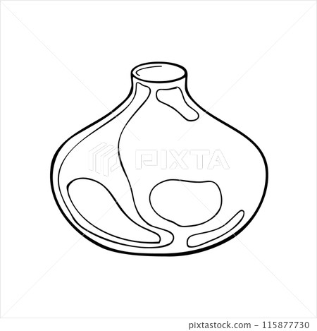 Flat pottery vase linear graphic hand drawn. Vase black white vector illustration isolated. Handmade ceramic in line art. Vase coloring. For ceramics workshop, school, modeling clay Flat pottery vase linear graphic hand drawn. Vase black white vector illustration isolated. Handmade ceramic in line art. Vase coloring. For ceramics workshop, school, modeling clay 115877730