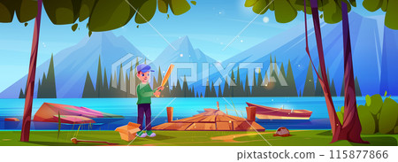Boy play near mountain lake dock with baseball bat 115877866