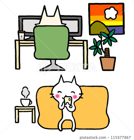 Illustration of a cat teleworking in the living room 115877867