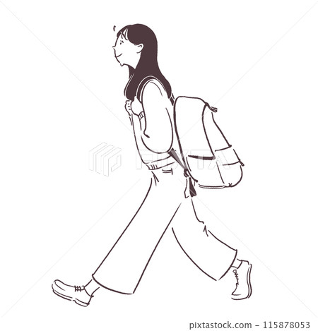 簡單的線條繪製一個女人背著背包行走的透明插圖 簡單的線條繪製一個女人背著背包行走的透明插圖 115878053