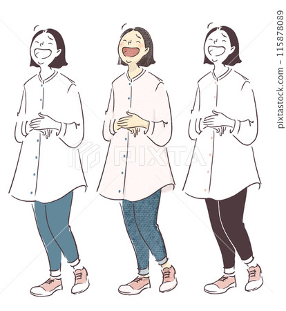 A simple hand-drawn illustration of a woman laughing out loud 115878089