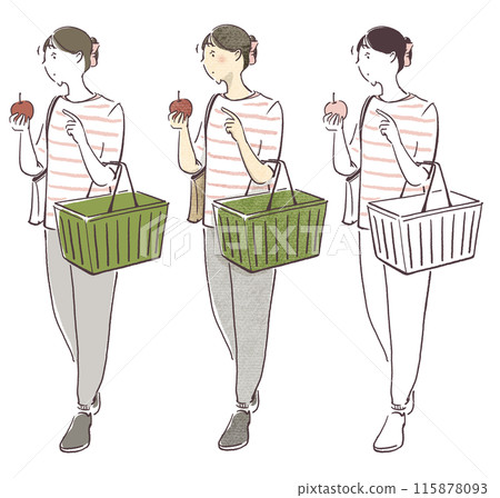 A simple, hand-drawn illustration of a woman shopping with a shopping basket A simple, hand-drawn illustration of a woman shopping with a shopping basket 115878093
