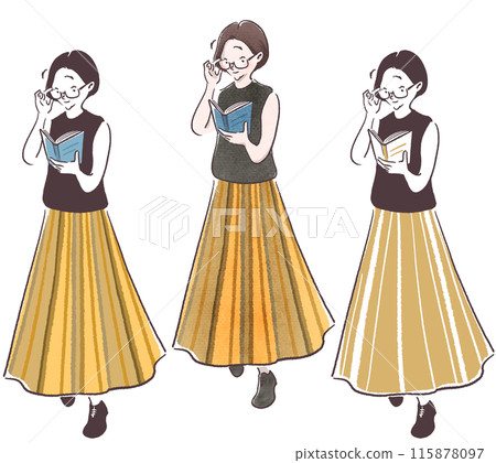 A simple, hand-drawn illustration of a woman wearing glasses reading a book A simple, hand-drawn illustration of a woman wearing glasses reading a book 115878097